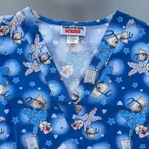 Nurse Teddy Bears Print Blue Scrub Top Medical Uniform ~ Unisex Small